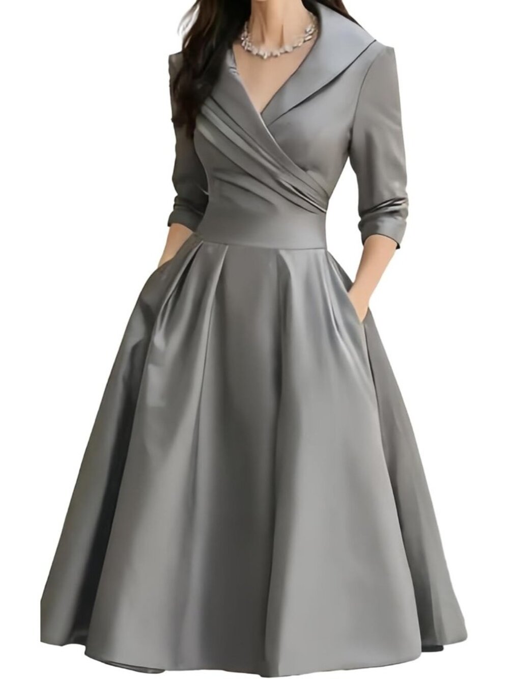 Women's Grey Wrap Long Sleeve V-Neck Silky Casual Elegant Midi Church Dress